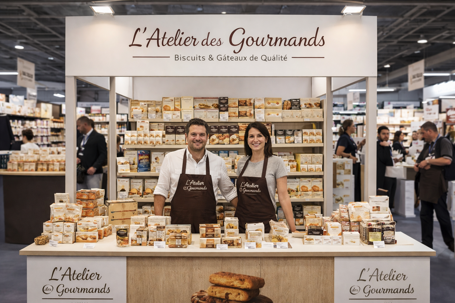 Photo de deux salariés sur un stand présent à une exposition au salon de Nantes
