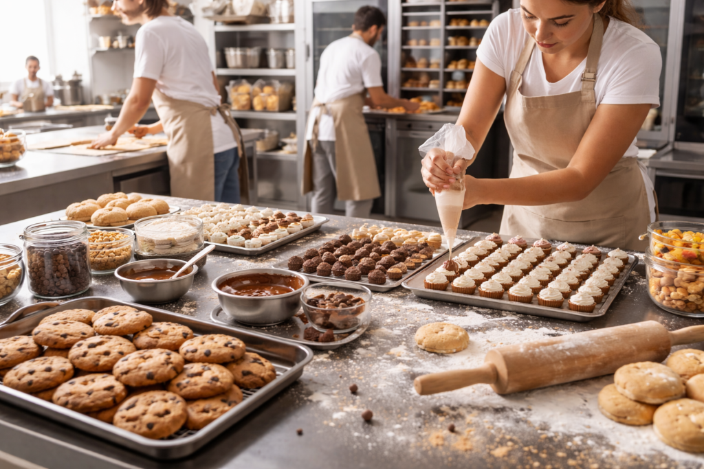 Photo de notre atelier avec au premier plan de délicieuses gourmandise préparer avec soin.